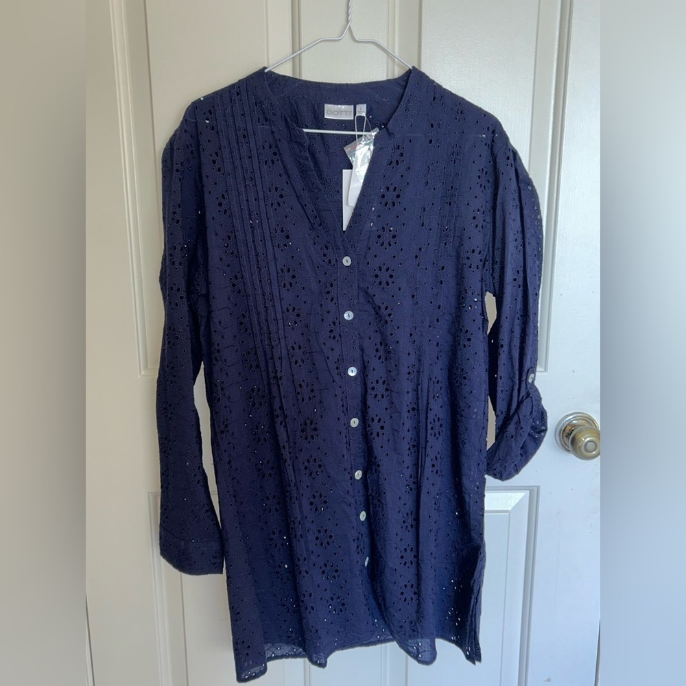 Dotti Navy Eyelet Button up Women’s Swim Coverup. Sz L NWT